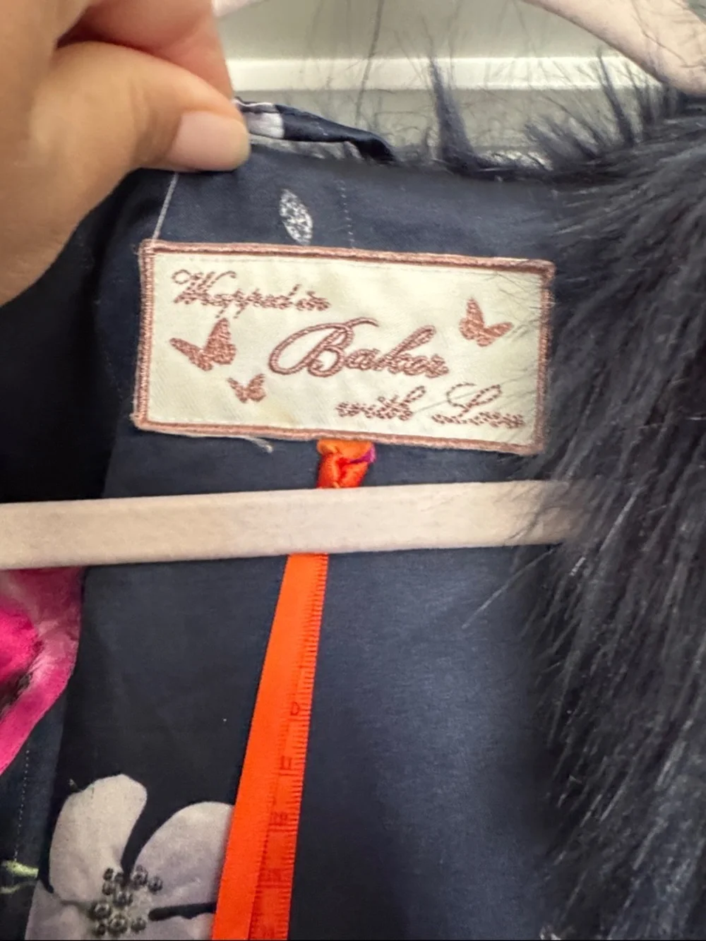Bakers Black Faux Fur Cape with Floral Lining / Royal Blue - Picture 2 of 9